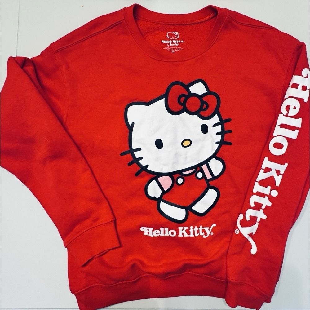 Hello Kitty Sweatshirt Junior's M‎ Crewneck Spelled Out Sleeve Red White Graphic